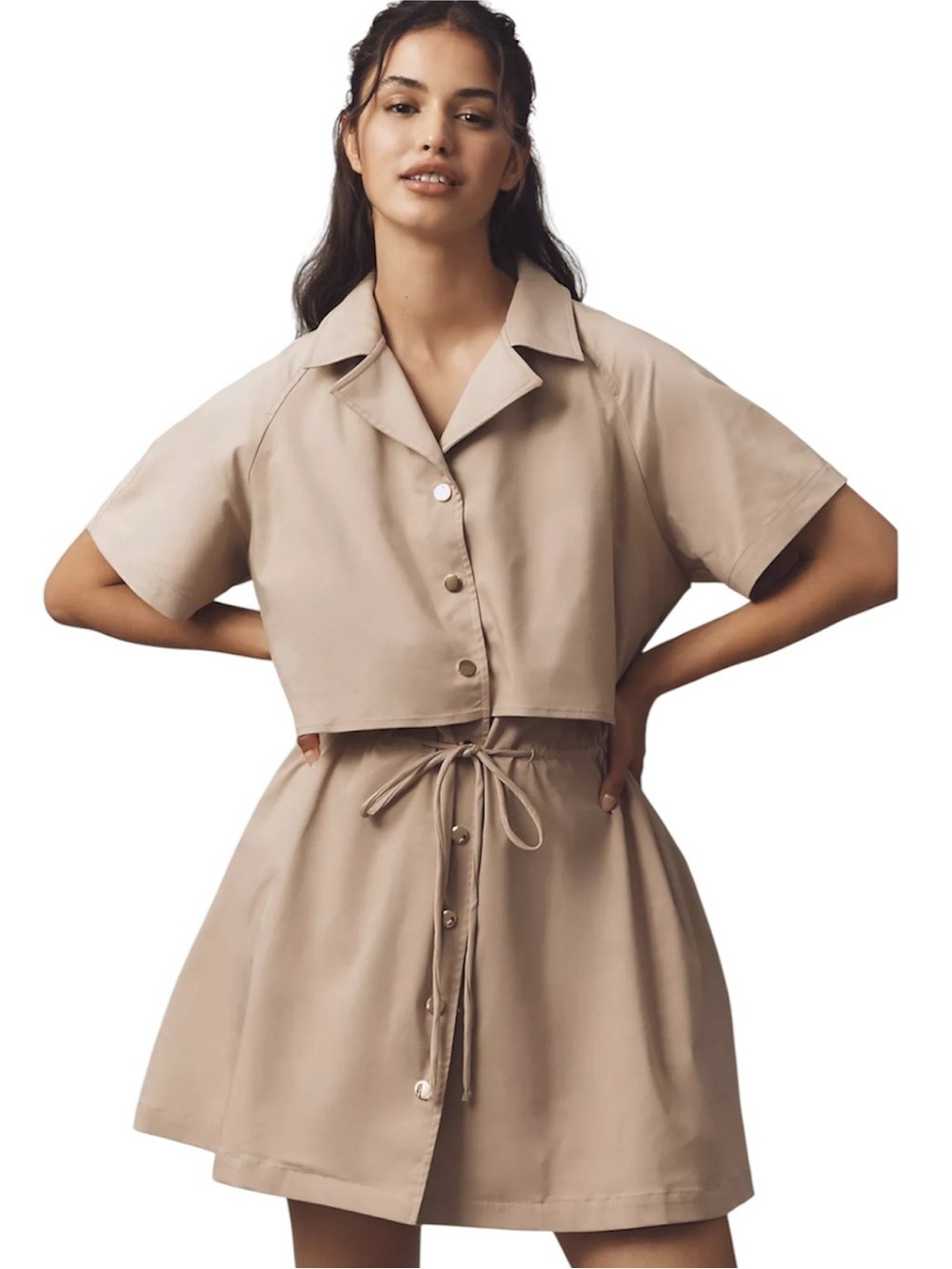 Exquise Carys Short-Sleeve Twofer Mini Dress Sand Drawstring Waist  Career Sz L